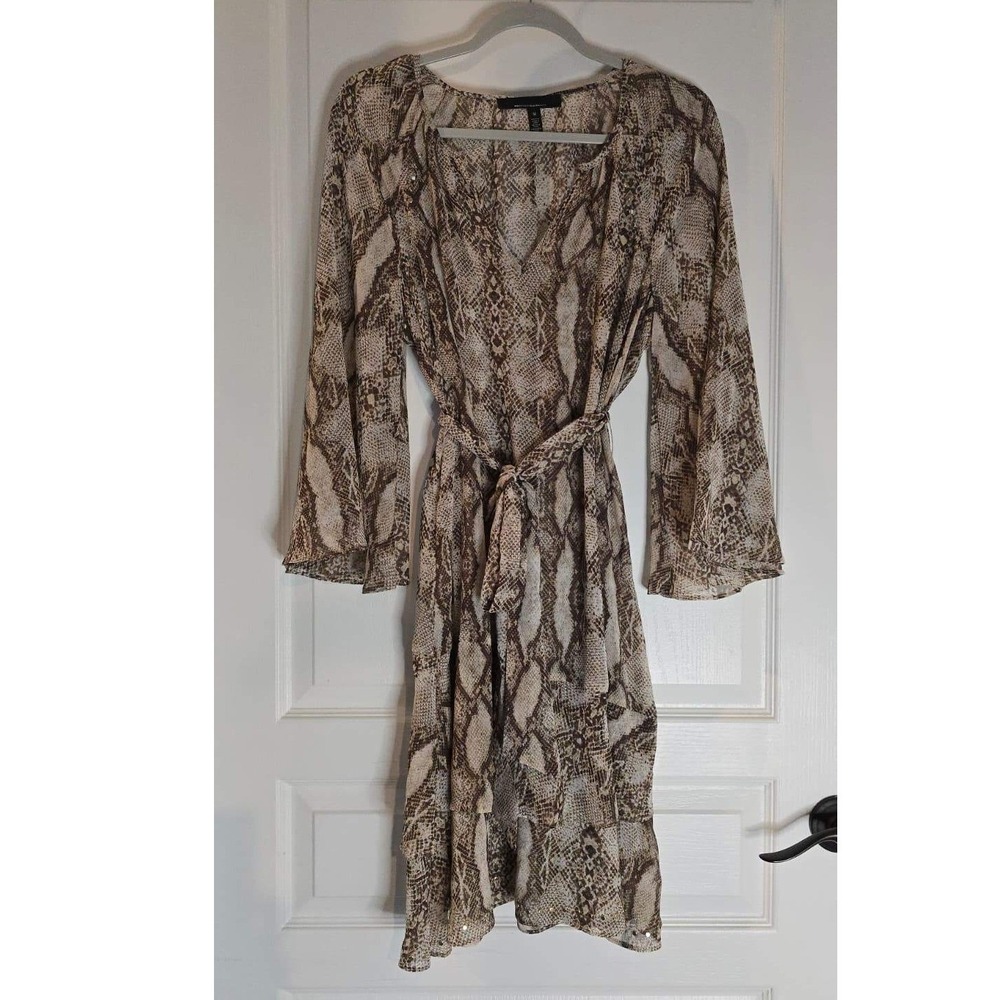 White House Black Market Snakeskin Print Bell Sleeve Belted Dress Brown Tan M